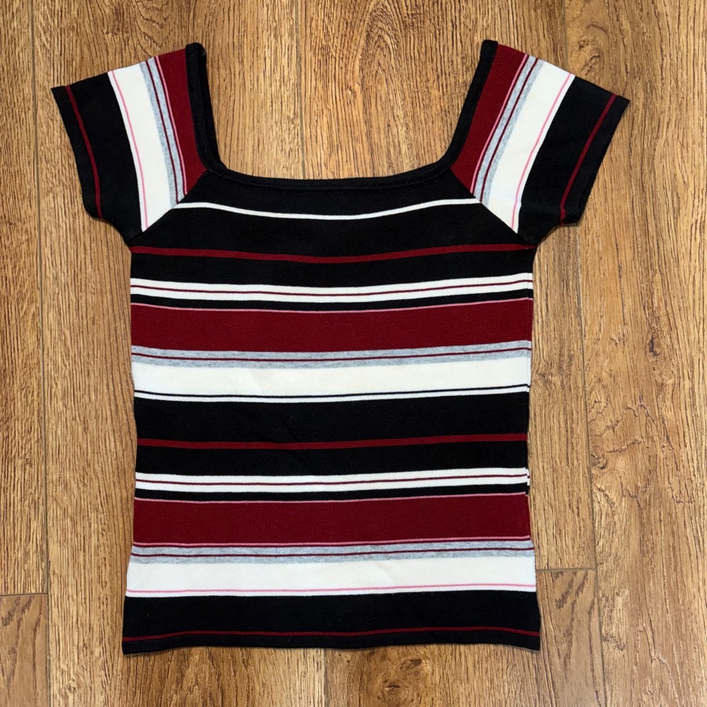 90s IN San Francisco Striped Square Neck Top Black Burgundy Womens M Vintage